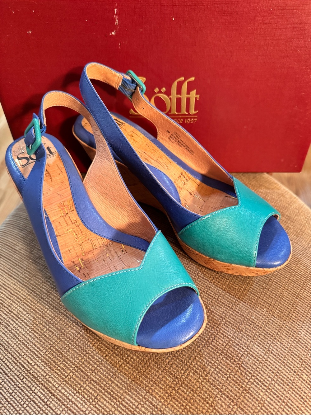 Sofft Two-Tone Teal and Blue Leather Peep-Toe Wedges